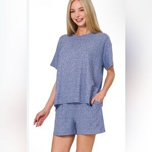 Zenana 2 Piece Lounge Set Blue Heather Soft Tee & Shorts Set Size M Cozy Casual